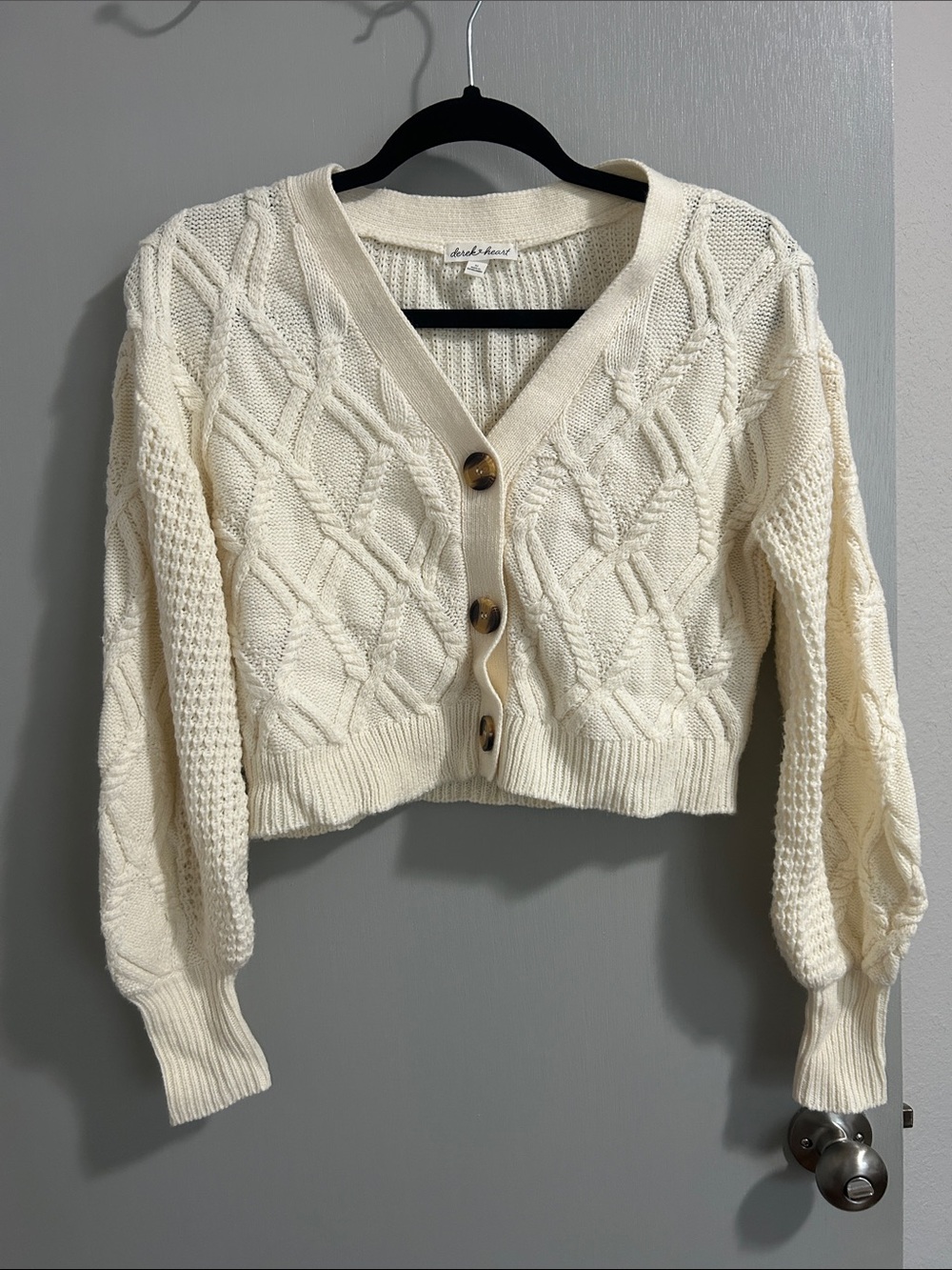 Derek Heart Cream Cable Knit Cropped Button Cardigan Romantic